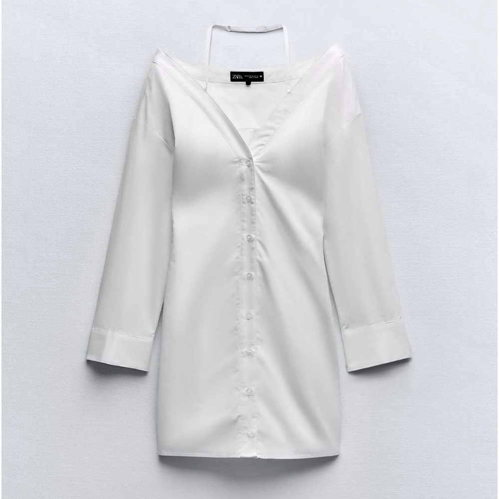 Zara NWT gabardine white off the shoulder button front trench coat shirt dress - Picture 8 of 15